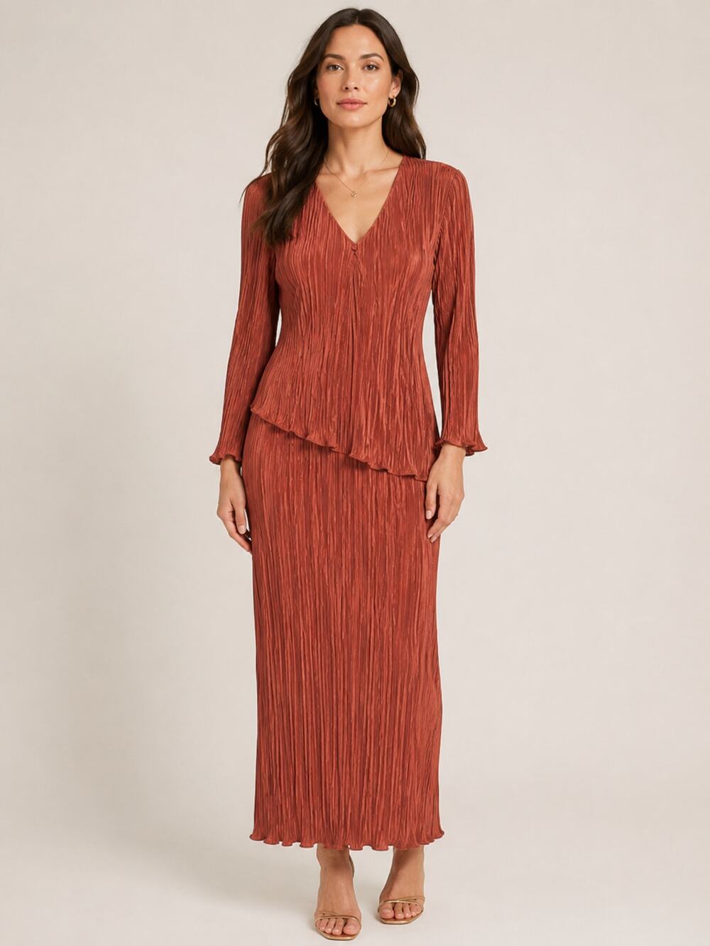 Vintage Connected Rust Red Accordion Pleated Maxi Dress Size 12